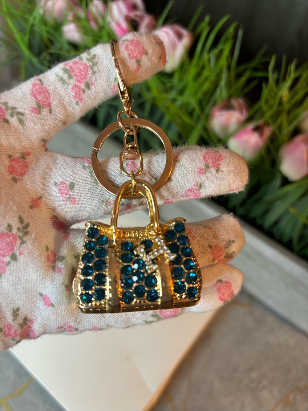 New Gold and blue Handbag Bag charm  Keychain with Teal Crystal Accents